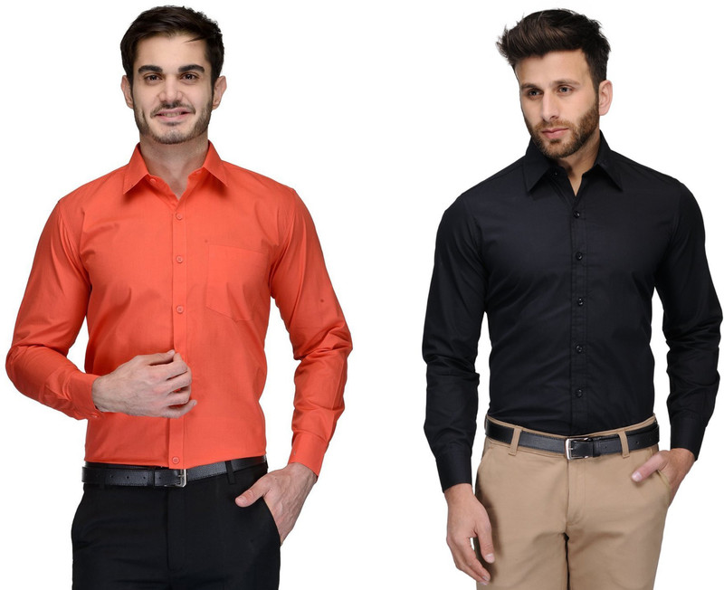 james Men Solid Formal Orange, Black Shirt(Pack of 2)
