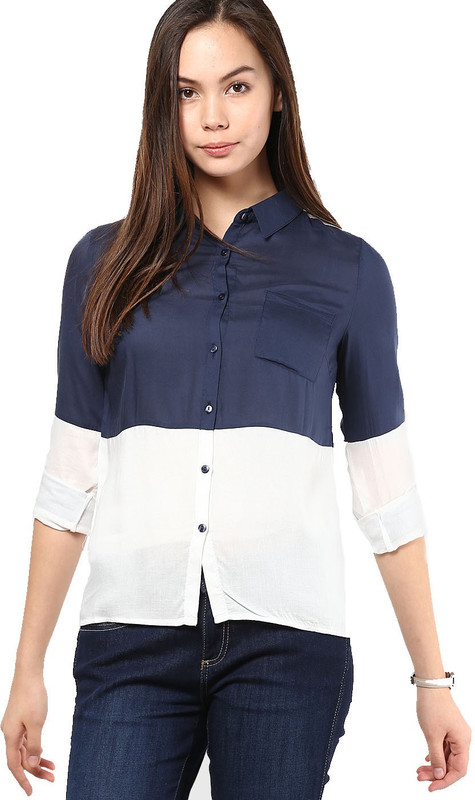 Vero Moda Women Solid Casual White, Blue Shirt