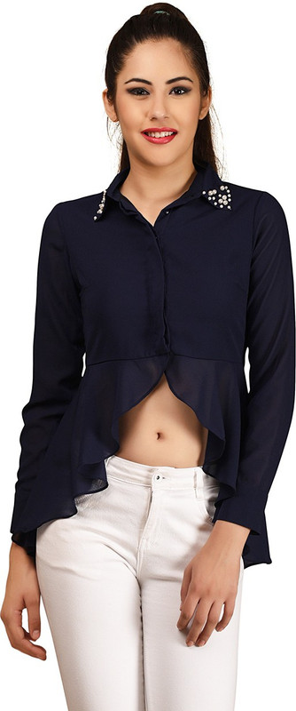LA ATTIRE Women Solid Party Blue Shirt