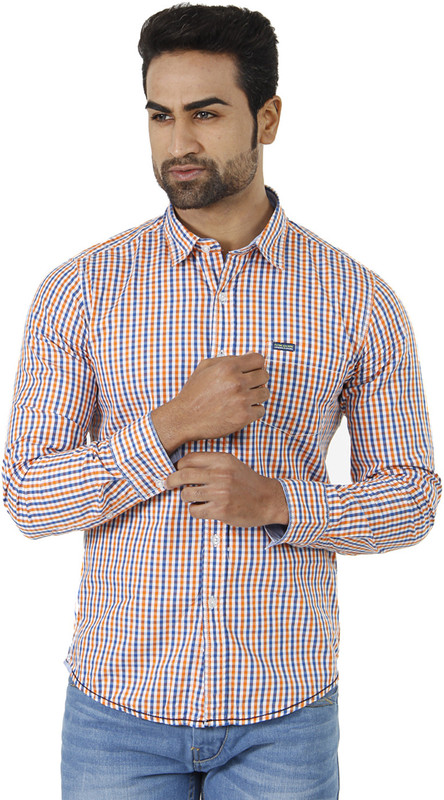 Flying Machine Men Checkered Formal Orange, Blue Shirt