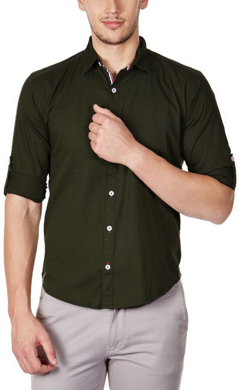FabTag - Elepants Men Solid Casual Dark Green Shirt