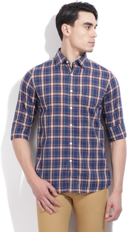 Allen Solly Men Checkered Casual Dark Blue, Brown Shirt