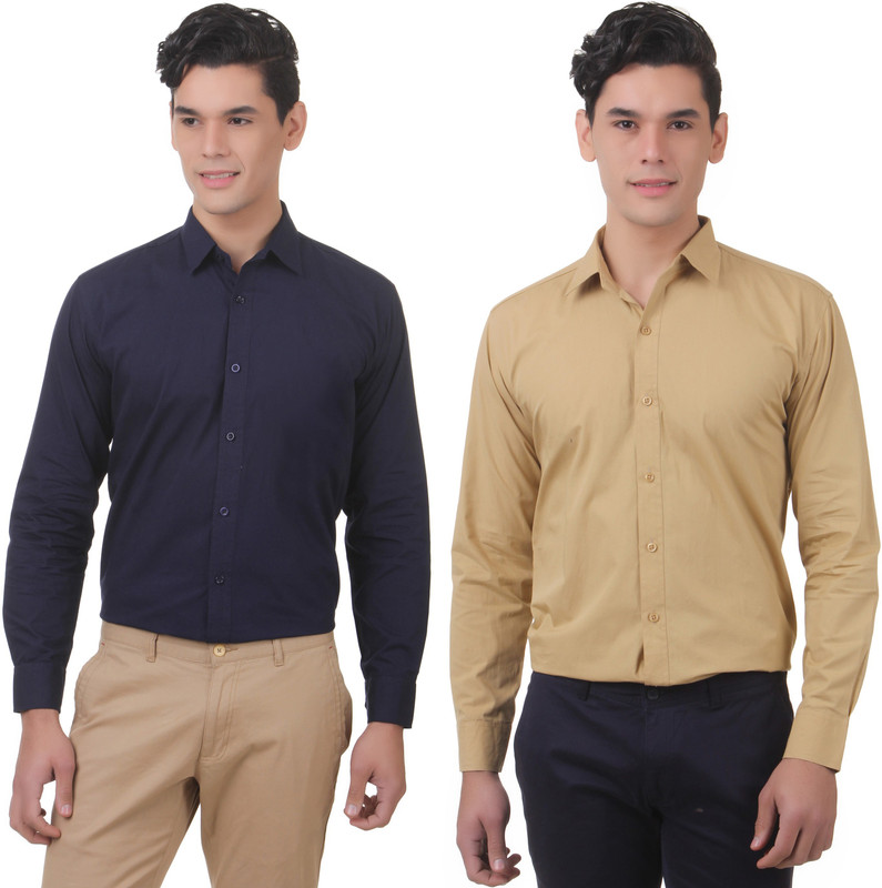 You Forever Men Solid Casual Blue, Brown Shirt(Pack of 2)