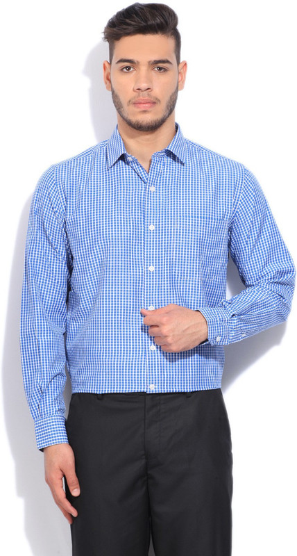 John Players Men Checkered Formal White, Blue Shirt