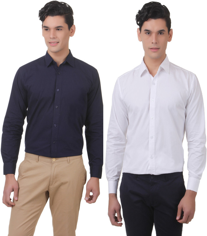 You Forever Men Solid Casual Blue, White Shirt(Pack of 2)