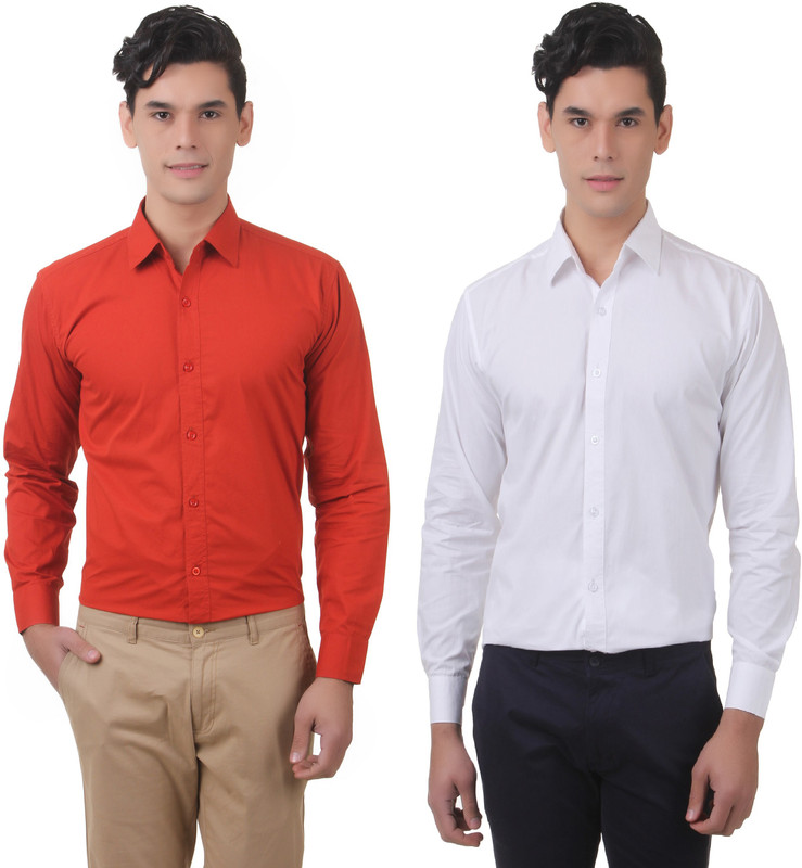 You Forever Men Solid Casual Orange, White Shirt(Pack of 2)