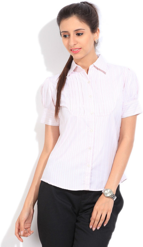 Style Quotient By Noi Women Striped Formal White, Pink Shirt
