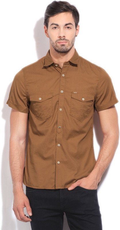 Peter England Men Solid Casual Brown Shirt