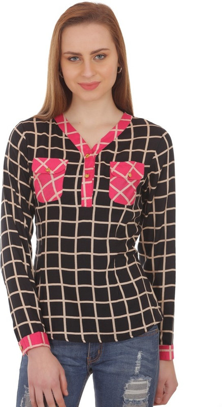 Aazos Women Checkered Casual Black Shirt