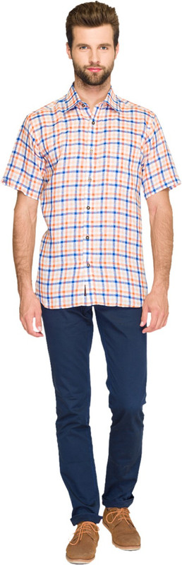 Raymond Men Checkered Casual Orange, Blue, White Shirt