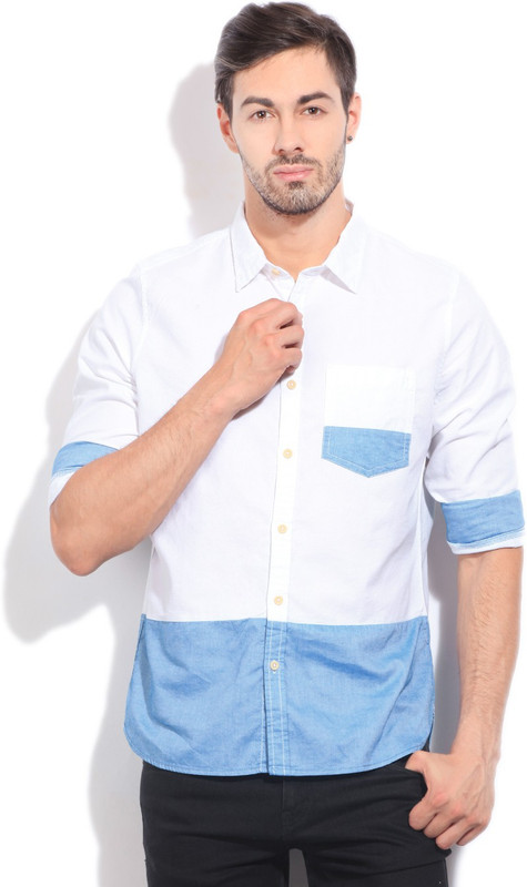WROGN Men Solid Casual White, Blue Shirt
