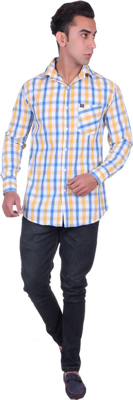 Cotblend Men Striped Casual Yellow Shirt