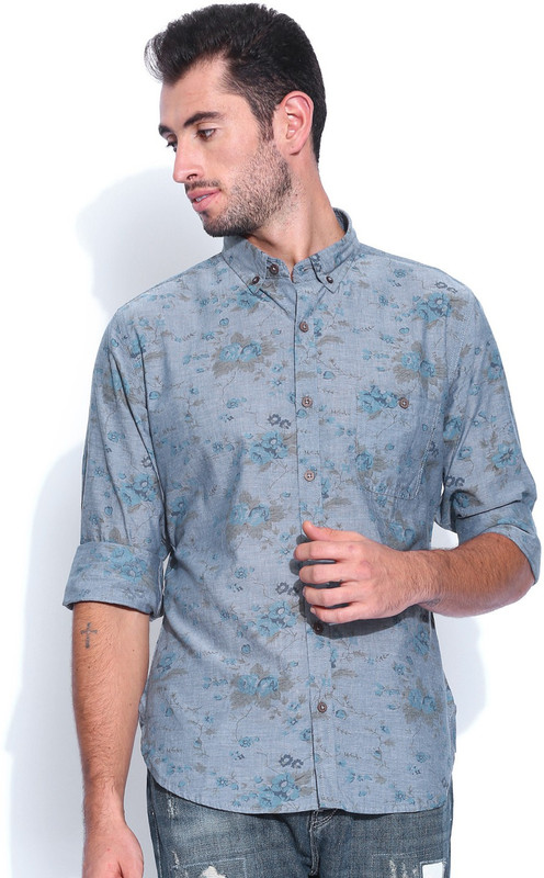 United Colors of Benetton. Men Floral Print Casual Blue Shirt