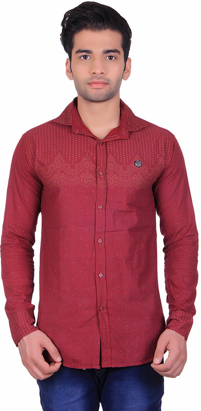 Cotblend Men Printed Casual Maroon Shirt