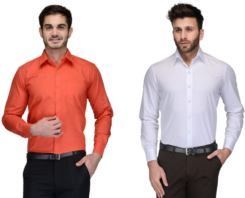 james Men Solid Formal Orange, White Shirt(Pack of 2)
