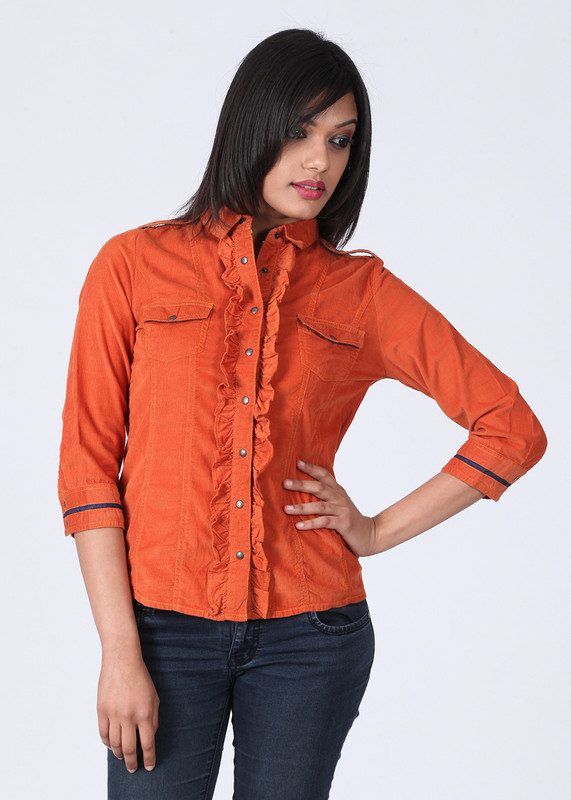 Elle Women Solid Casual Orange Shirt