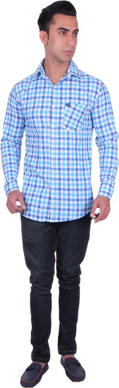 Cotblend Men Checkered Casual Blue Shirt