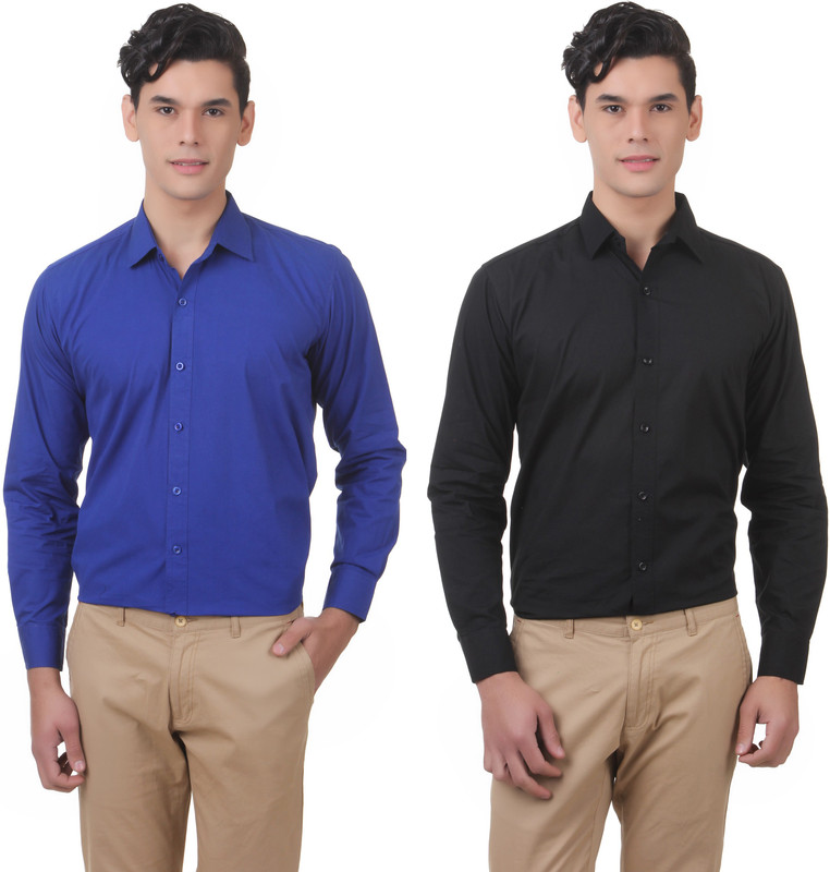 You Forever Men Solid Casual Blue, Black Shirt(Pack of 2)