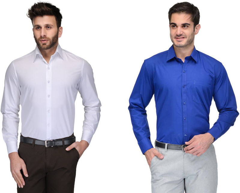 james Men Solid Formal White, Blue Shirt(Pack of 2)
