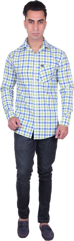 Cotblend Men Checkered Casual Green Shirt