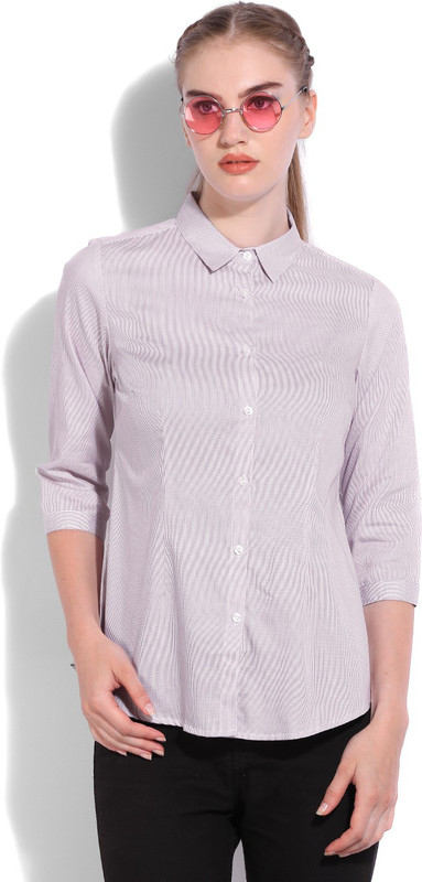 People Women Striped Casual White, Purple Shirt