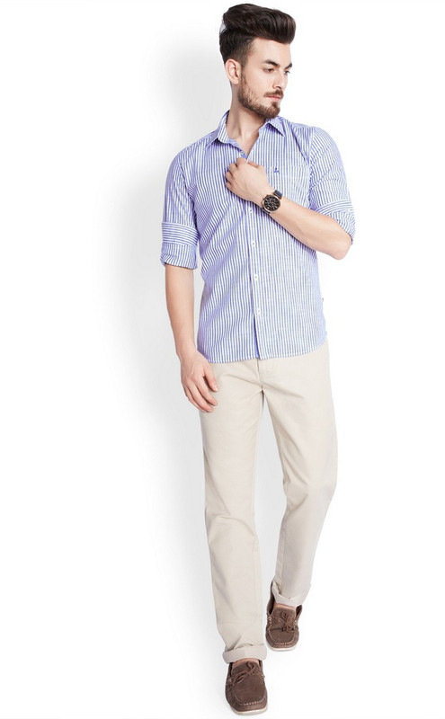 Parx Men Striped Casual Light Blue Shirt