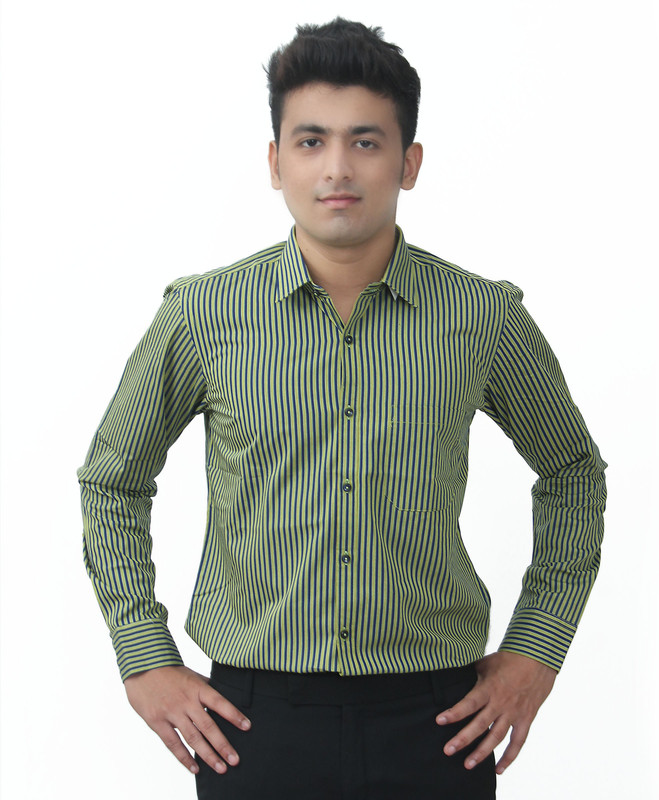 Kriss Men Striped Formal Light Green, Blue Shirt