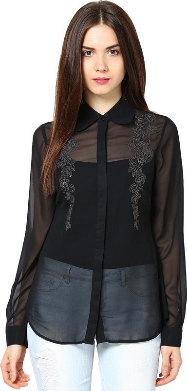 L'Elegantae Women Solid Party Black Shirt