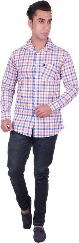 Cotblend Men Checkered Casual Orange Shirt