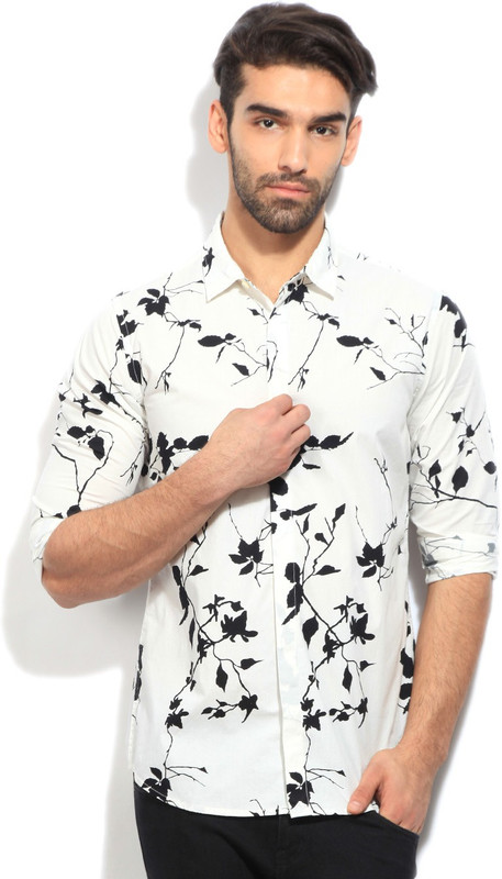 United Colors of Benetton. Men Printed Casual White, Black Shirt