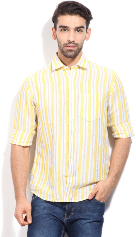 Peter England Men Striped Casual White, Beige, Yellow Shirt