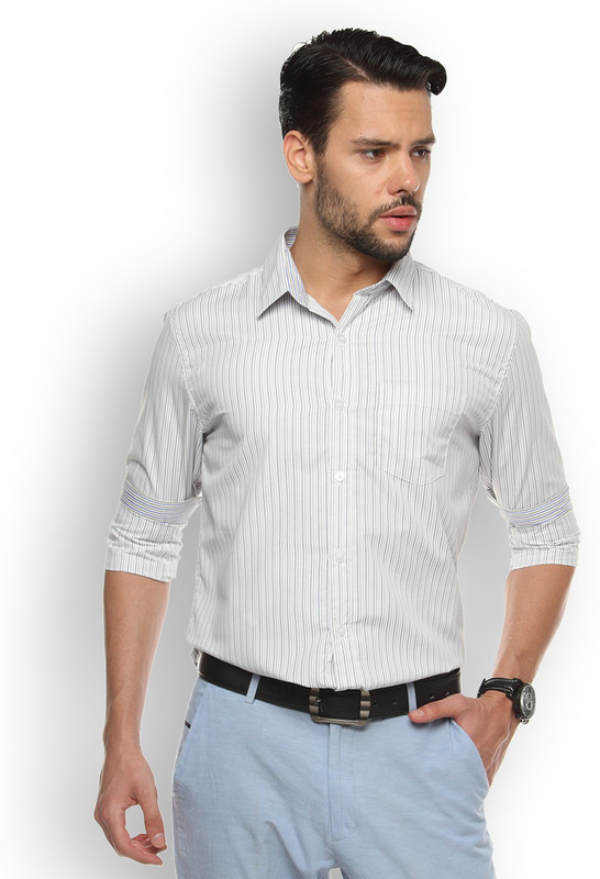 Brooklyn Blues Men Striped Casual White Shirt