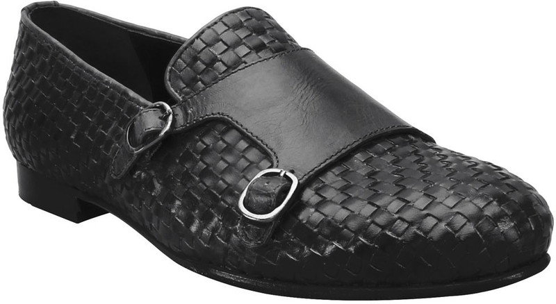 Bare Skin Black Genuine leather Hand Woven Double Monk Slip On Shoe For Men Casuals For Men(Black)