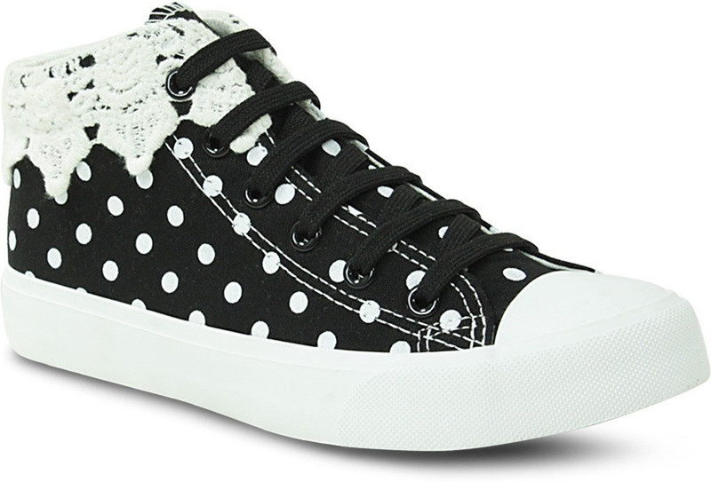 Get Glamr Polka Dotted Lace Ups Canvas Shoes For Women(Black)