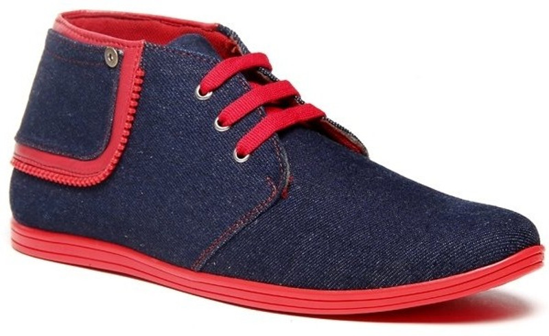 Zapatoz Denim Red Zipper Ankle Length Sneakers For Men(Red, Blue)