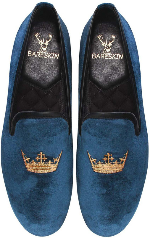 Bare Skin Embroidered Velvet Loafers For Men(Blue)