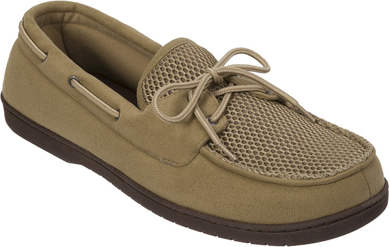 Dearfoams Microfiber Suede (Mohair Beige) Boater Moc with Mesh Tab Medium Casuals For Men(Brown)