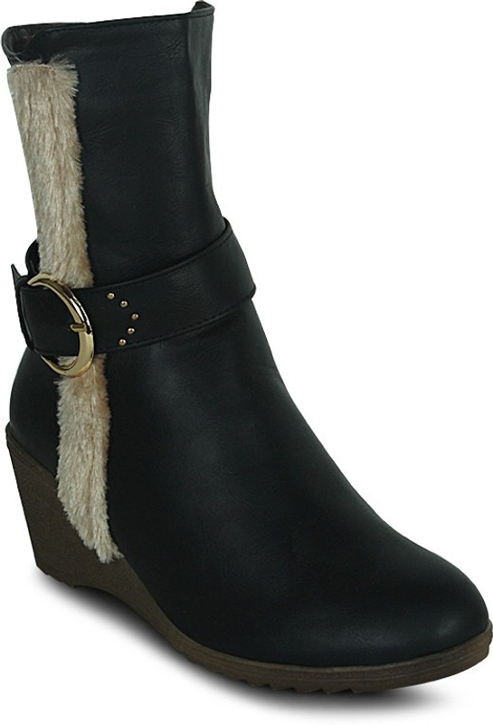 Get Glamr Designer Furry Strip Boots For Women(Black)