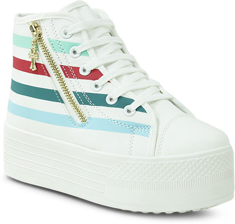 Get Glamr Striped Lace Ups Canvas Shoes For Women(White)