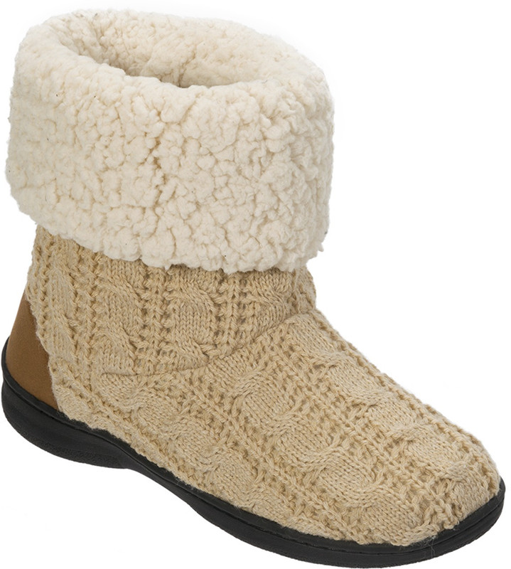 Dearfoams Dearfoams Cuffed Knit Boot Slipper with Heel Patch Beige Boots For Women(Beige)