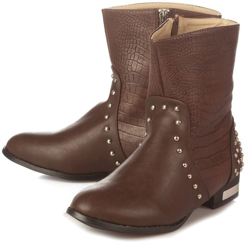 Vero Couture Croc Panelled High Ankle Boots For Women(Brown)