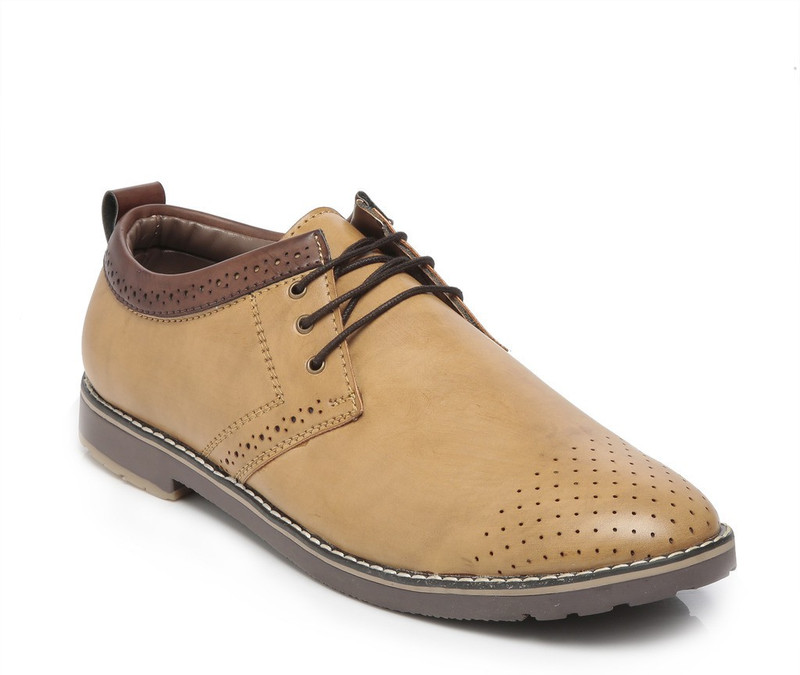 TEN Beige Leather Brogues Derby For Men(Brown, Beige)