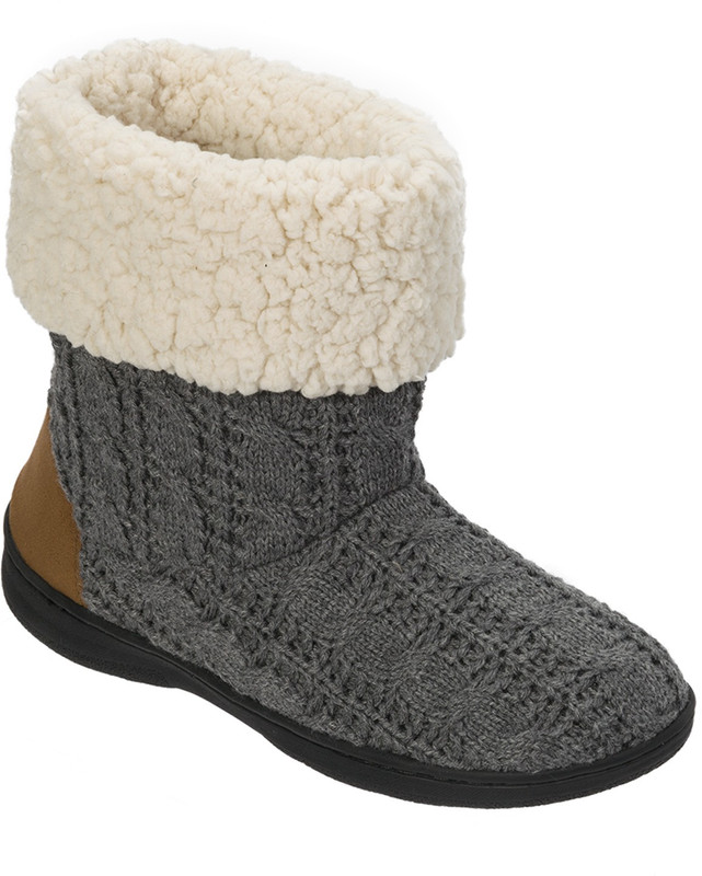Dearfoams Dearfoams Cuffed Knit Boot Slipper with Heel Patch Grey Boots For Women(Grey)