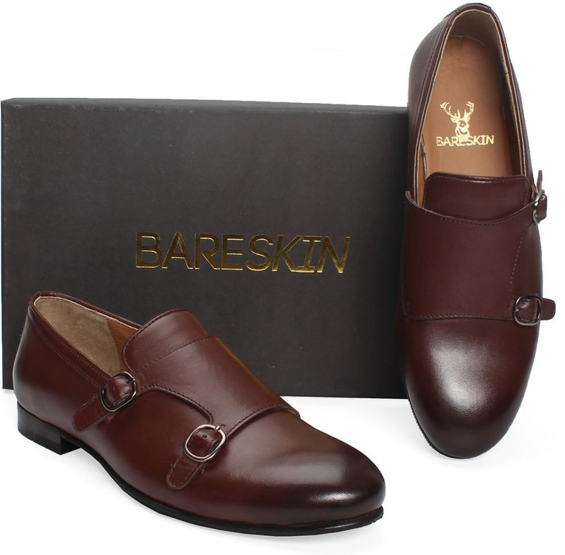 Bare Skin Brown Double Monk Strap Hand Made Leather Slip-On Shoe Loafers For Men(Brown)