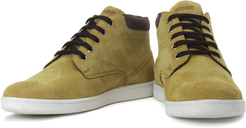 Flippd Suede Leather Mid Ankle Sneakers For Men(White, Brown, Yellow)