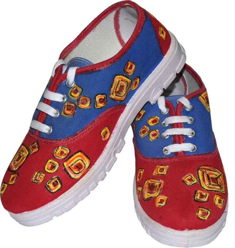 Sona Mona Creations Hand Painted Canvas Shoes For Women(Red, Blue)
