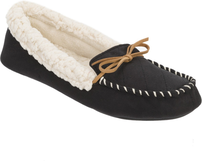 Dearfoams Dearfoams Microsuede Moccasin Slipper with Quilted Vamp Black Mocassin For Women(Black)