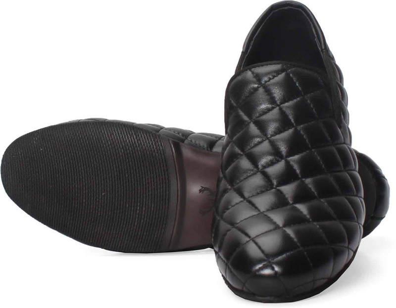 Bare Skin New Sleek Shape Black Diamond Stitched Genuine Leather Slip-On Shoe Casuals For Men(Black)