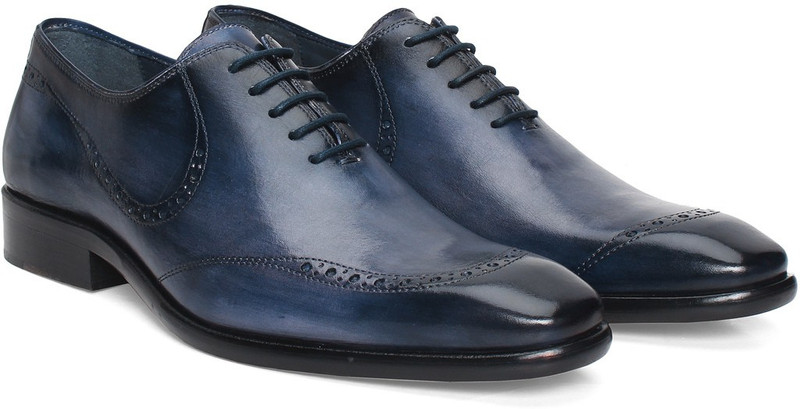Brune HAND PAINTED BLUE LEATHER FORMAL SHOES BY BRUNE Lace Up For Men(Blue)