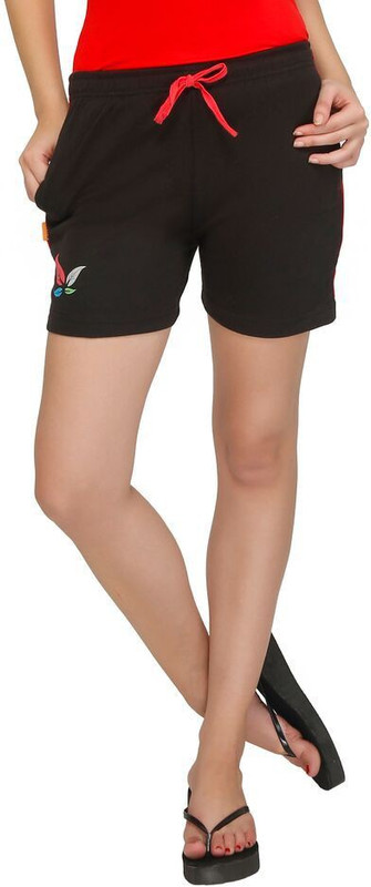 Red Ring Solid Women Black Night Shorts